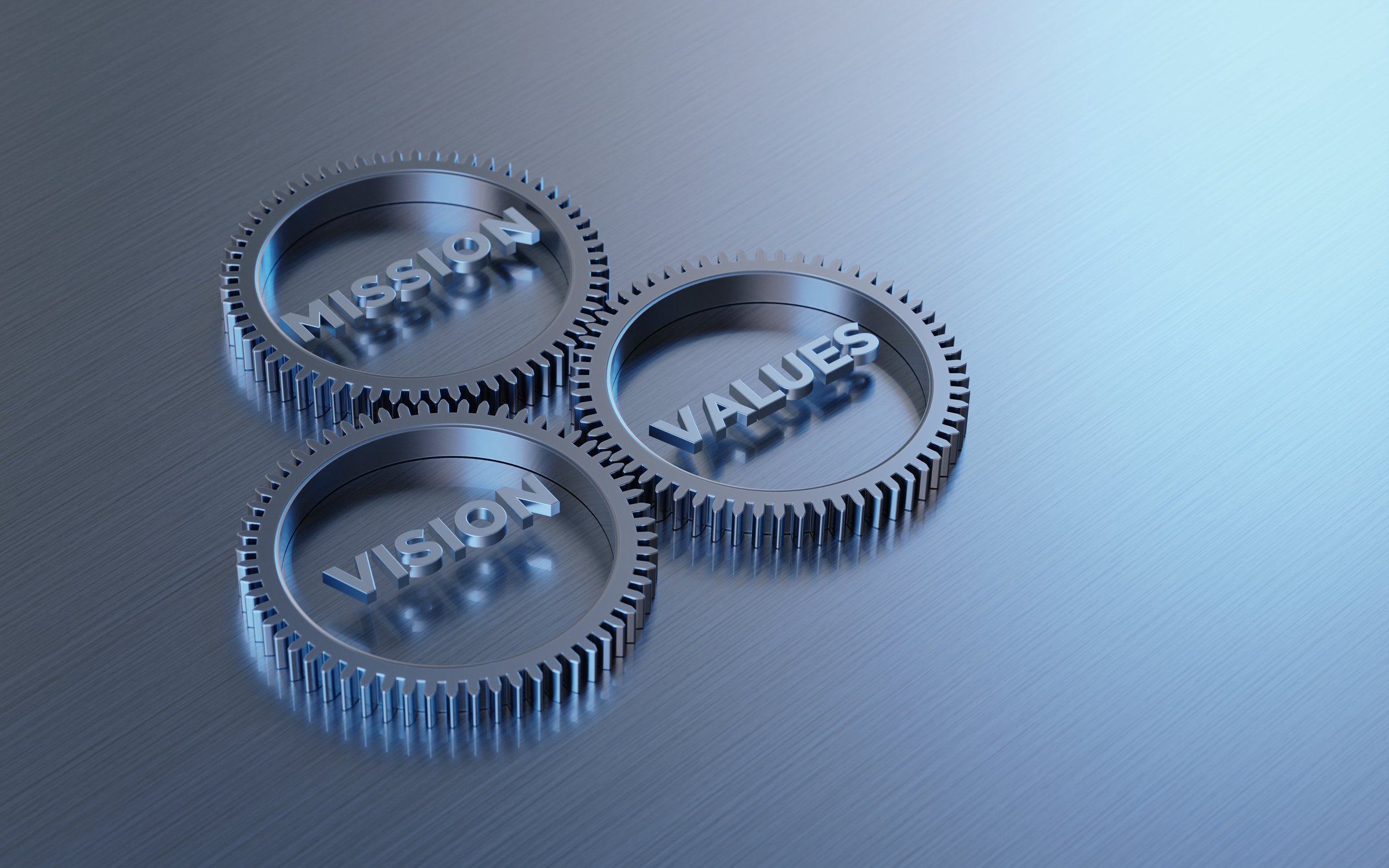 Metal Cogs With Mission Vision And Values Words On Reflective Metal Surface - Management Concept